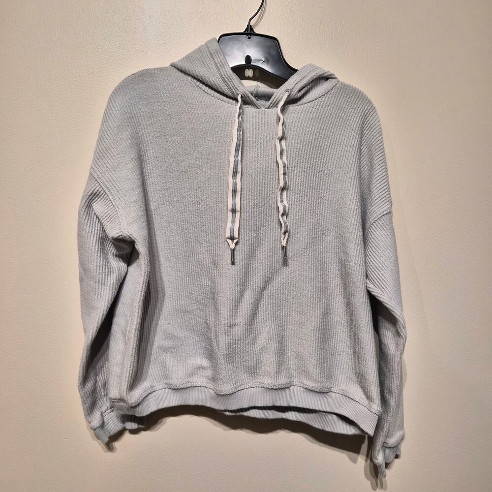 Aerie Medium Cropped Ribbed Long Sleeve Hoodie with Drawstring Light Teal